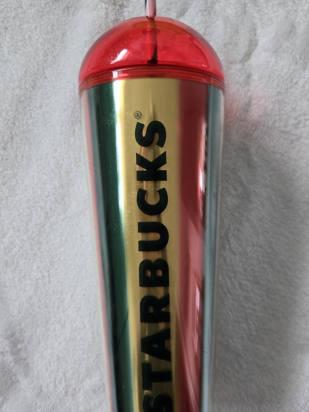 Starbucks Red Green And Gold Striped Tumbler with Red Dome Lid NWOT